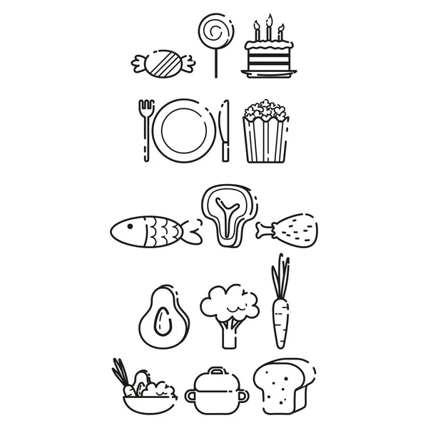 Food Set Meat Vegetables Sweets Dishes Knife Fork Plate Saucepan — Stock Vector