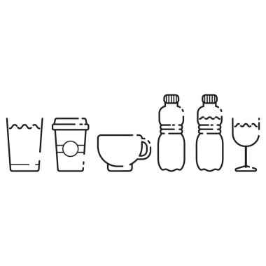 Take away alcoholic and non-alcoholic, cold and hot drinks. Water in a glass, coffee and tea in a mug, wine. Empty and full plastic water bottle. Thin line icons for web, applications and design. Minimalistic flat style. Set. vector Take away alcoholic and non-alcoholic, cold and hot drinks. Water in a glass, coffee and tea in a mug, wine. Empty and full plastic water bottle. Thin line icons for web, applications and design. Minimalistic flat style. Set. vector