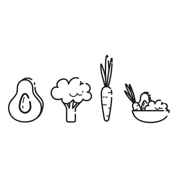 健康的食物均衡的饮食一碗绿色蔬菜和米饭 胡萝卜 西兰花 胡萝卜 切鳄梨 用于Web 应用程序和设计的细线图标 简约的平庸风格 — 图库矢量图片