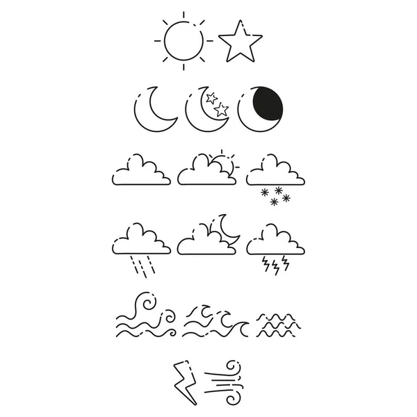 Погода Солнце Луна Звезда Облако Дождь Гроза Снег Ветер Вода — стоковый вектор