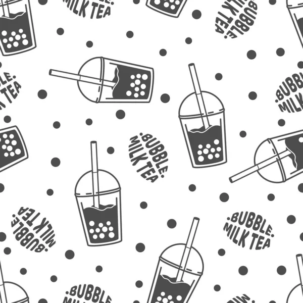 泡泡奶茶 一种甜冷饮与木薯珍珠球 台湾的亚洲街头食品 黑白简约平板设计 无缝隙背景图 — 图库矢量图片