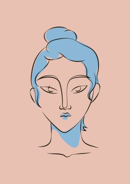 El çizimi, sanatsal ve sofistike kadın portresi. Yumuşak nötr pastel renklerle çiz. Şehvetli. Çıplak deri. İzole bir illüstrasyon. Esmer Asyalı kadın.