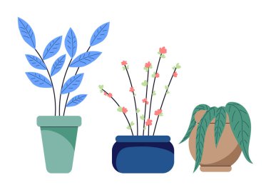 Saksıda çiçek açan yeşil bitkiler. Minimalist düz stil şirin illüstrasyon. Beyaz arkaplanda izole edilmiş bir klipsiyon ayarlandı.