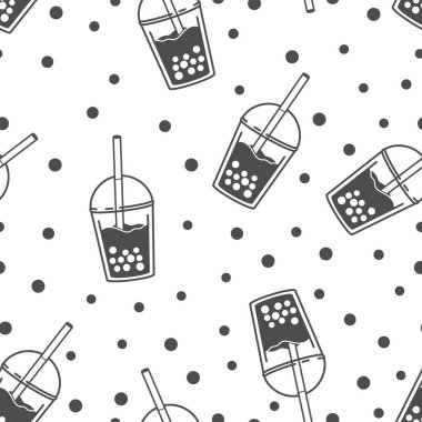 Sütlü çay. Tapyoka inci topları ile tatlı soğuk bir içecek. Tayvan 'dan Asya sokak yemekleri. Siyah ve beyaz minimalist düz tasarım. Desenli pürüzsüz arkaplan.