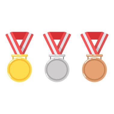 Bir spor yarışmasında birincilik için altın madalya. İkincilik için gümüş. Üçüncülük için bronz. - Zafer. Kırmızı kurdele. Düz minimalist tasarım. Simgeler. Beyaz arkaplanda izole edilmiş bir klipsiyon ayarlandı.