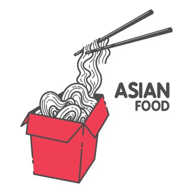 Erişte ve çubuk. Geleneksel Asya yemekleri. Çin, Japon mutfağı. Fast food bir kutuda. Minimalist düz tasarım.