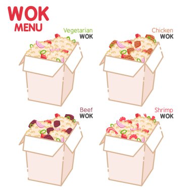 Pirinç, sebze, karides, sığır eti, tavuk. Geleneksel Asya yemekleri. Çin, Japon mutfağı. Fast food bir kutuda. Minimalist düz tasarım. İzole Clipart seti