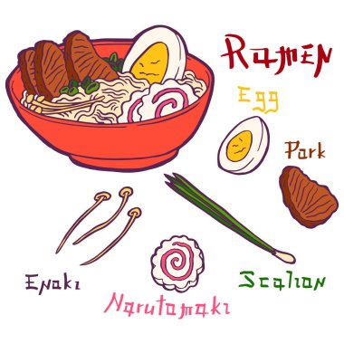 Erişteli Ramen çorbası, domuz eti, yeşil soğan, enoki mantarı, haşlanmış yumurta ve kırmızı kasede narutomaki. Geleneksel Japon, Koreli ve Çin fast food 'u. Eski usul. İzole edilmiş Clipart