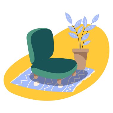   Odanın içi çok hoşmuş. Sandalye, halı, saksı. Minimalist düz biçim illüstrasyonu.