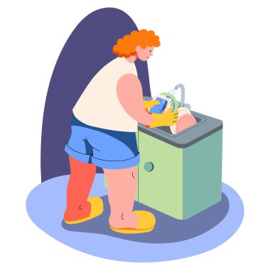 Kadınlar kirli bulaşıkları lavaboda yıkarlar. Ev işleri işte. Açık tenli, kıvırcık kızıl saçlı. Minimalist düz stil şirin illüstrasyon.