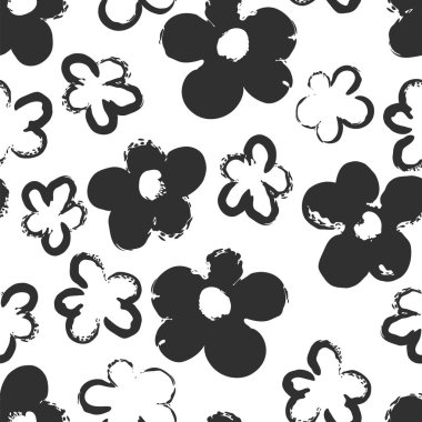 Papatya çiçeği. Papatyaların minimalist çizimi. Siluet mürekkeple fırça darbesiyle yapılmış. Siyah ve beyaz desenli kusursuz arkaplan.