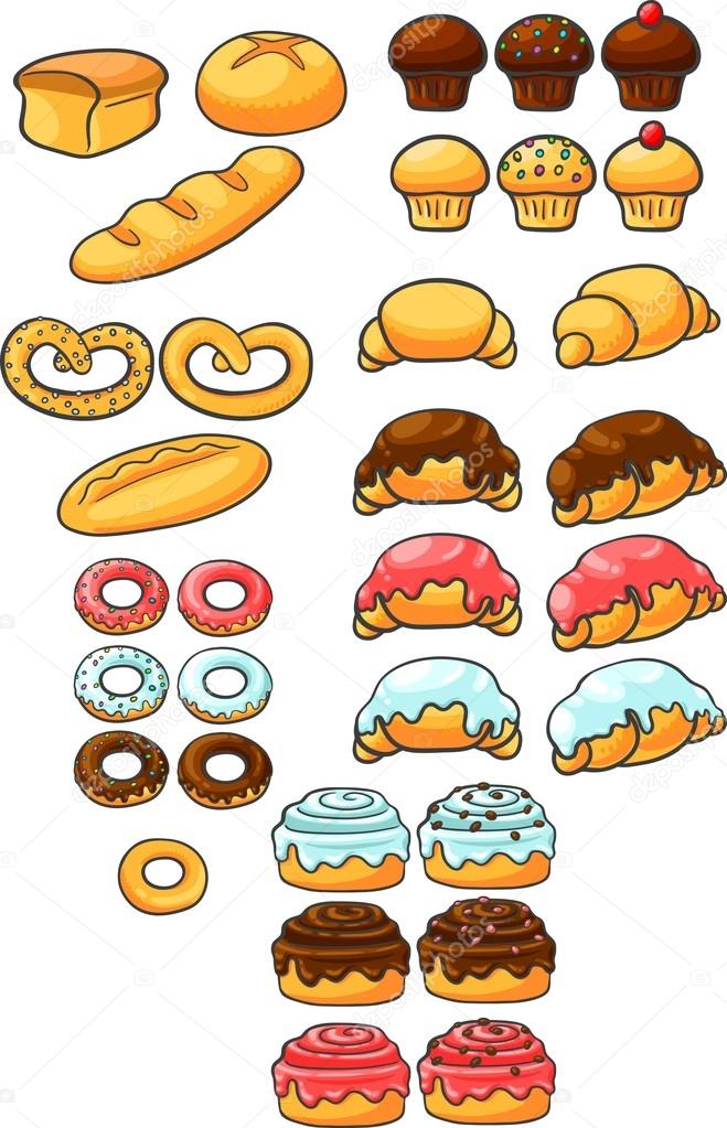 Bakery products. Sweets. Patty, bun, bread, pretzel, cupcake, muffin, croissant, donut
