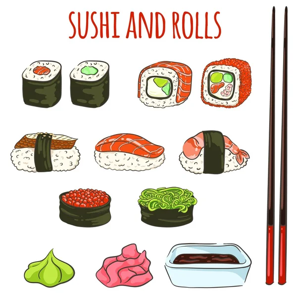 Sushi y rollos — Vector de stock