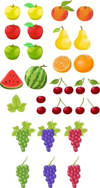 Fruits et baies. Pomme, pêche, pastèque, poire, orange, cerise, raisin — Image vectorielle