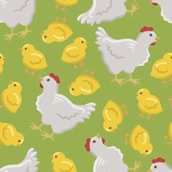 幸せの白いチキン赤い鶏頭とかわいい黄色のひよこ — ストックベクタ