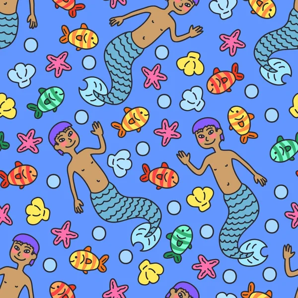 Muster des niedlichen Karikatur lächelnden Meerjungfrau-Jungen — Stockvektor