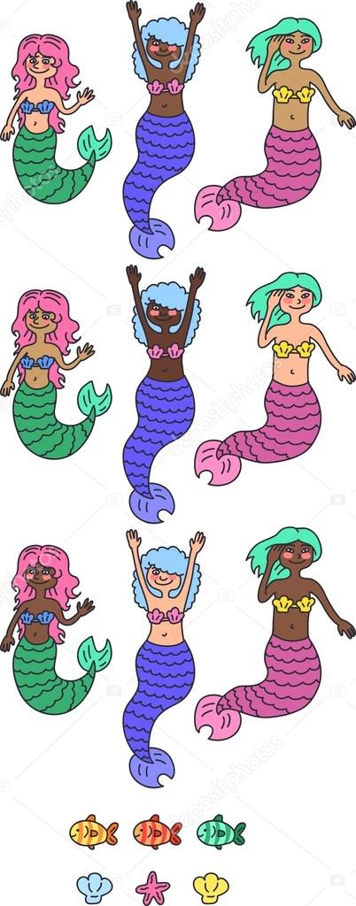 Cute cartoon smiling mermaids