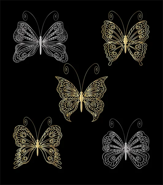Beautiful gold and silver butterflies. — Stock Vector
