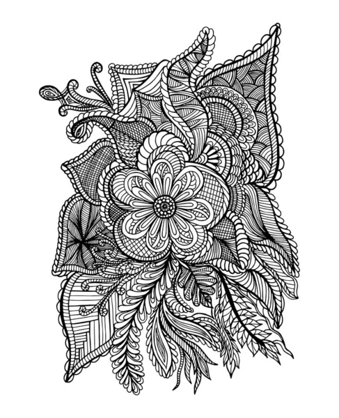 Hand Drawn Doodle Floral Pattern Black White Drawing Vector Illustration — Vetor de Stock