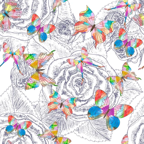 Beautiful Seamless Pattern Flowers Butterflies Vector Illustration — 图库矢量图片