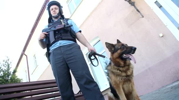 Un poliziotto con una pistola e un cane — Video Stock