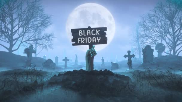 Zombie mano con una placa de madera con el Viernes Negro wordmark fuera de la tierra por la noche contra el fondo de la luna en el cementerio — Vídeos de Stock