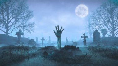 Zombi elleri geceleri mezarlıkta Ay 'ın arka planına karşı sürünerek çıkıyor.