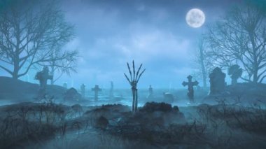 İskelet kol geceleri mezarlıktaki ayın arka planına karşı sürünerek topraktan çıkar.