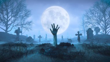 3D Zombi eli geceleri mezarlıkta Ay 'ın arka planına karşı sürünerek çıkıyor.