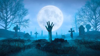 3D Zombi eli geceleri mezarlıkta Ay 'ın arka planına karşı sürünerek çıkıyor.