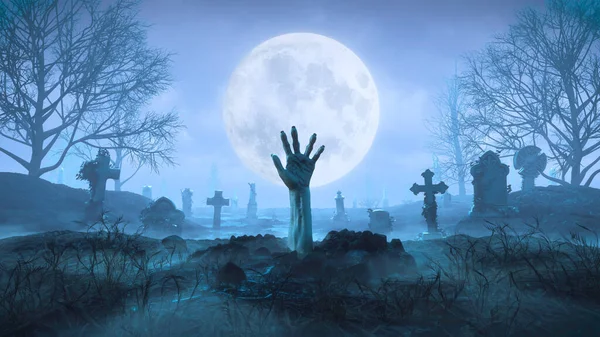 3D Zombi eli geceleri mezarlıkta Ay 'ın arka planına karşı sürünerek çıkıyor.