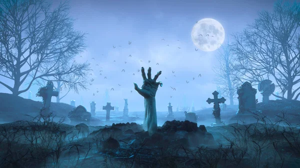 3D Zombi eli geceleri mezarlıkta Ay 'ın arka planına karşı sürünerek çıkıyor.