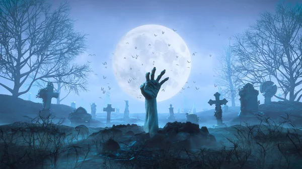 3D Zombi eli geceleri mezarlıkta Ay 'ın arka planına karşı sürünerek çıkıyor.