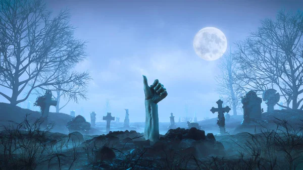 3D Zombi eli geceleri mezarlıkta Ay 'ın arka planına karşı sürünerek çıkıyor.