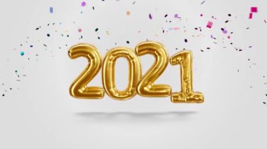 Beyaz bir zemin üzerinde altın balonlardan ve şekerlerden oluşan 2021 yazıları.