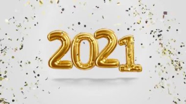 Beyaz bir zemin üzerinde altın balonlardan ve şekerlerden oluşan 2021 yazıları.