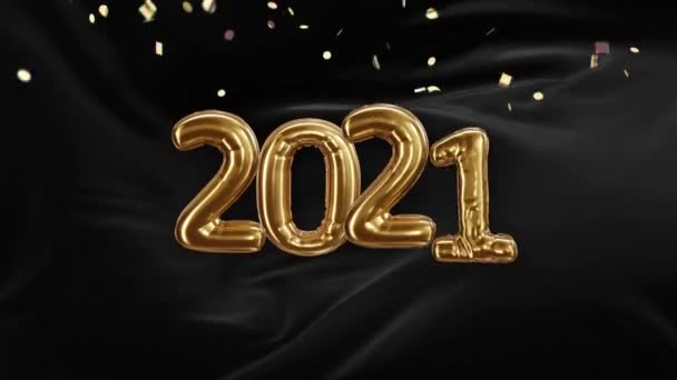 Inscripția 2021 din baloane aurii pe o țesătură din satin negru Wave cu confetti — Videoclip de stoc