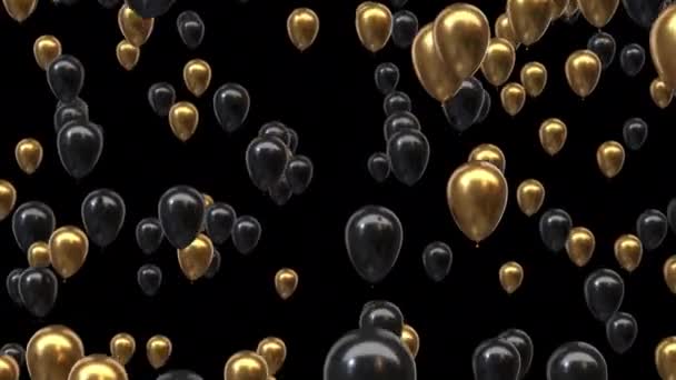 Loop Voando ouro e balões pretos com canal alfa — Vídeo de Stock
