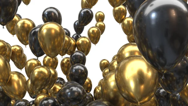 3d render balões dourados e pretos em um fundo preto — Fotografia de Stock