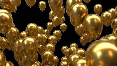 Siyah arkaplanda 3D altın balonlar oluşturur
