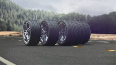 3D render 4 araba yolda gidiyor.