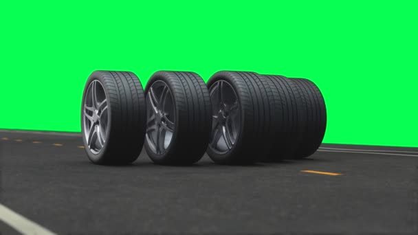 Loop 4 auto wielen rijden op de weg op een groene achtergrond — Stockvideo