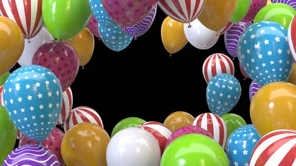 3d renderizar quadro de balões multicoloridos em um fundo preto — Fotografia de Stock
