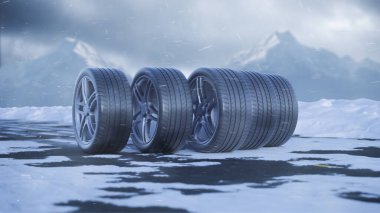 3D render araba lastikleri yağan karın altında karlı bir yolda yuvarlanır