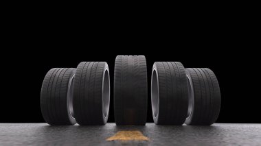 Islak asfaltla yuvarlanan üç boyutlu araba lastikleri siyah bir zemin.