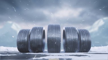 3D render araba lastikleri yağan karın altında karlı bir yolda yuvarlanır