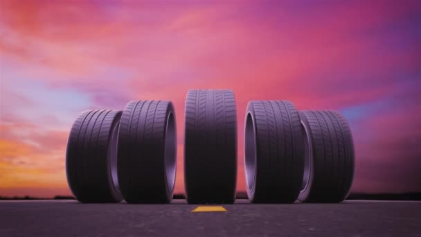 Loop car tires rolling on asphalt in the sunset — Stock Video