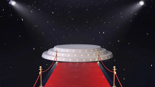 3d render red carpet with podium and falling confetti — Stock Photo, Image