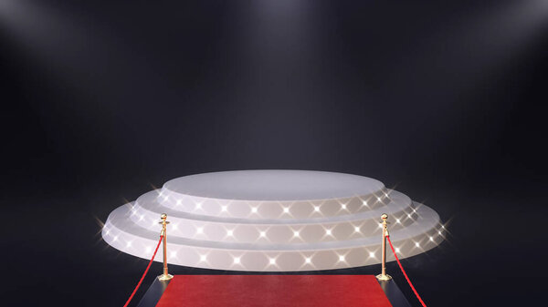 3d render red carpet with podium and glowing spotlights