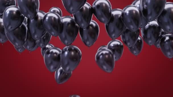 3D siyah balonları kırmızı arka planda tavana yapıştır — Stok video